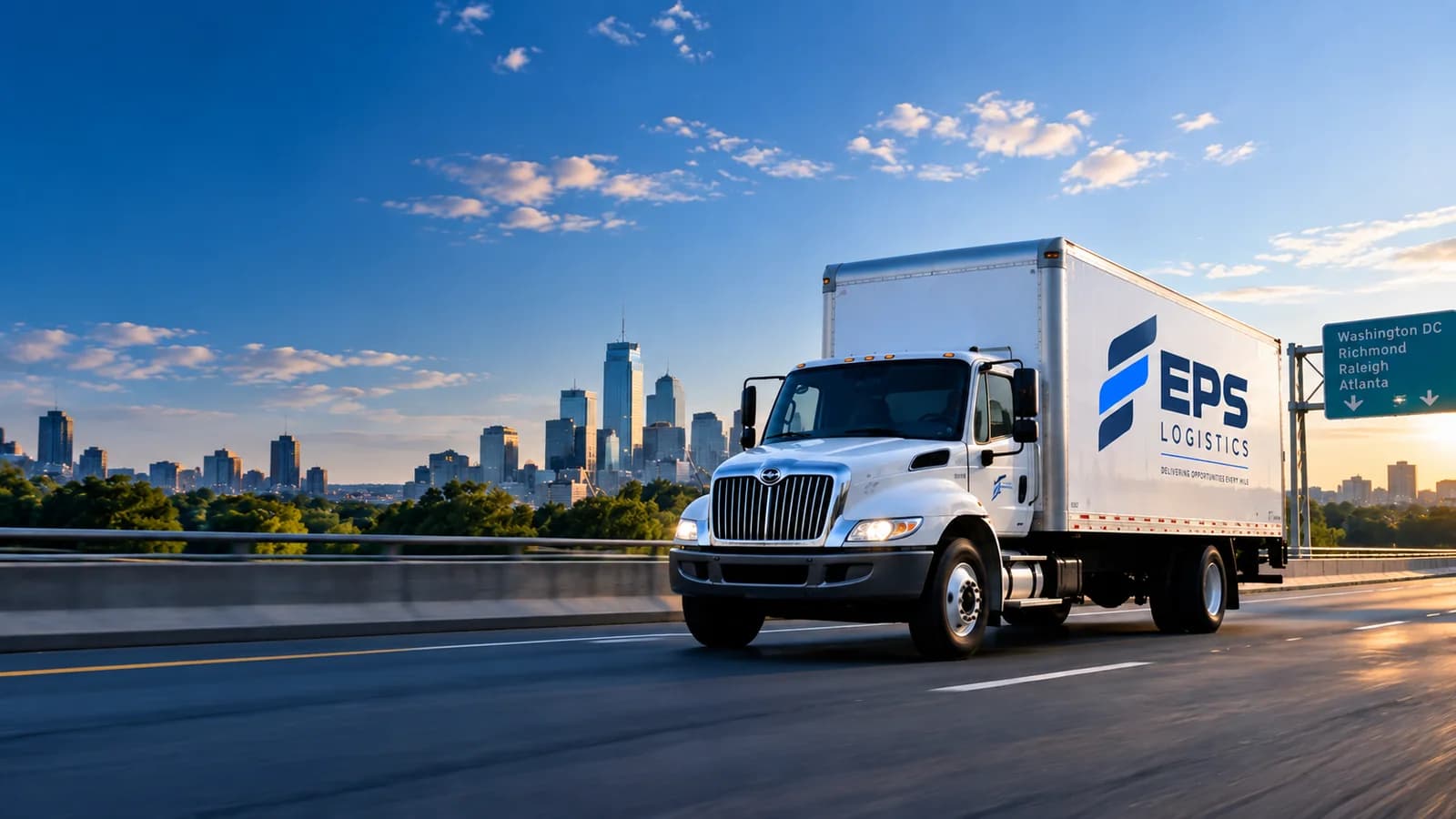 EPS Logistics box truck on the interstate, headed for Washington DC, Richmond, Raleigh and Atlanta
